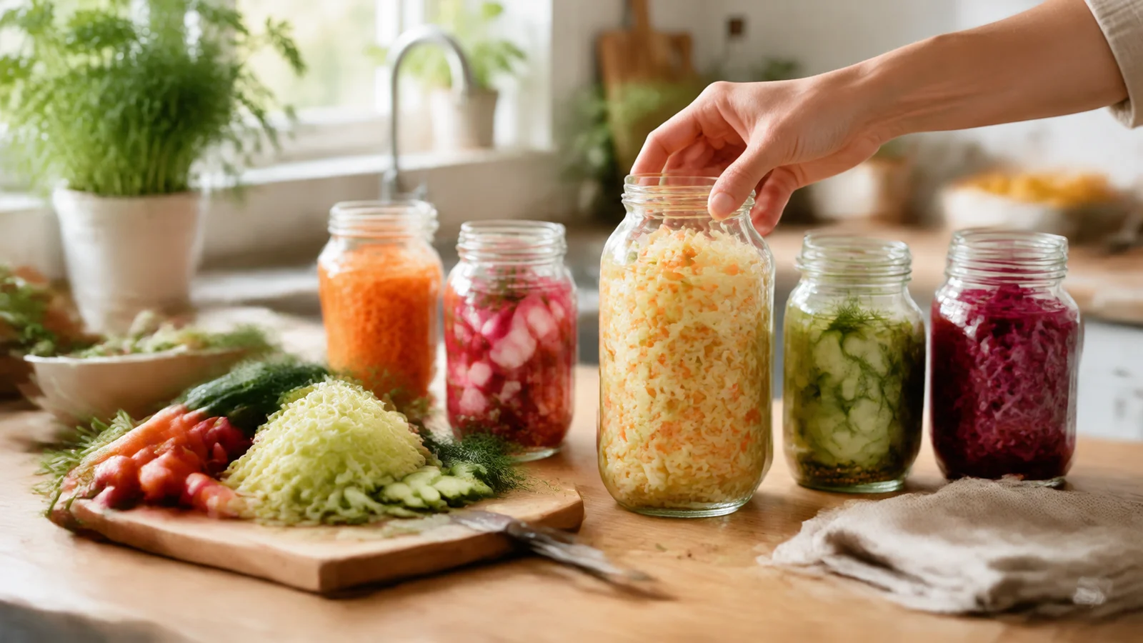 Illustration éditoriale pour Processus de préparation et de conservation des aliments fermentés pour optimiser leurs bénéfices nutritionnels